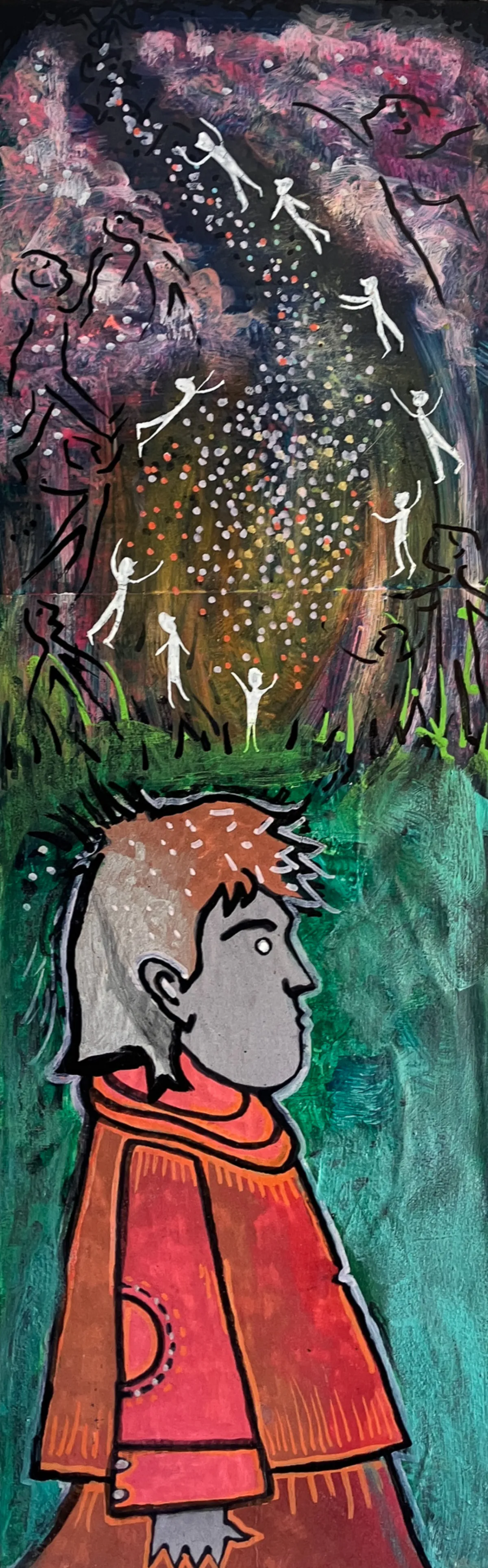 A Walk in the Woods: a tall narrow panel, a figure in a red coat looking left below a dark wood where small white figures drift among the branches.