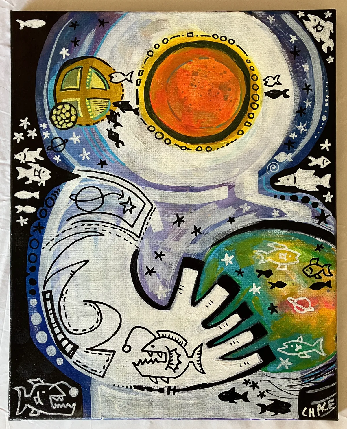 Atmosphere on Loop: a white moon ringed by an orange sun above a dark blue field scattered with small fish and stars.