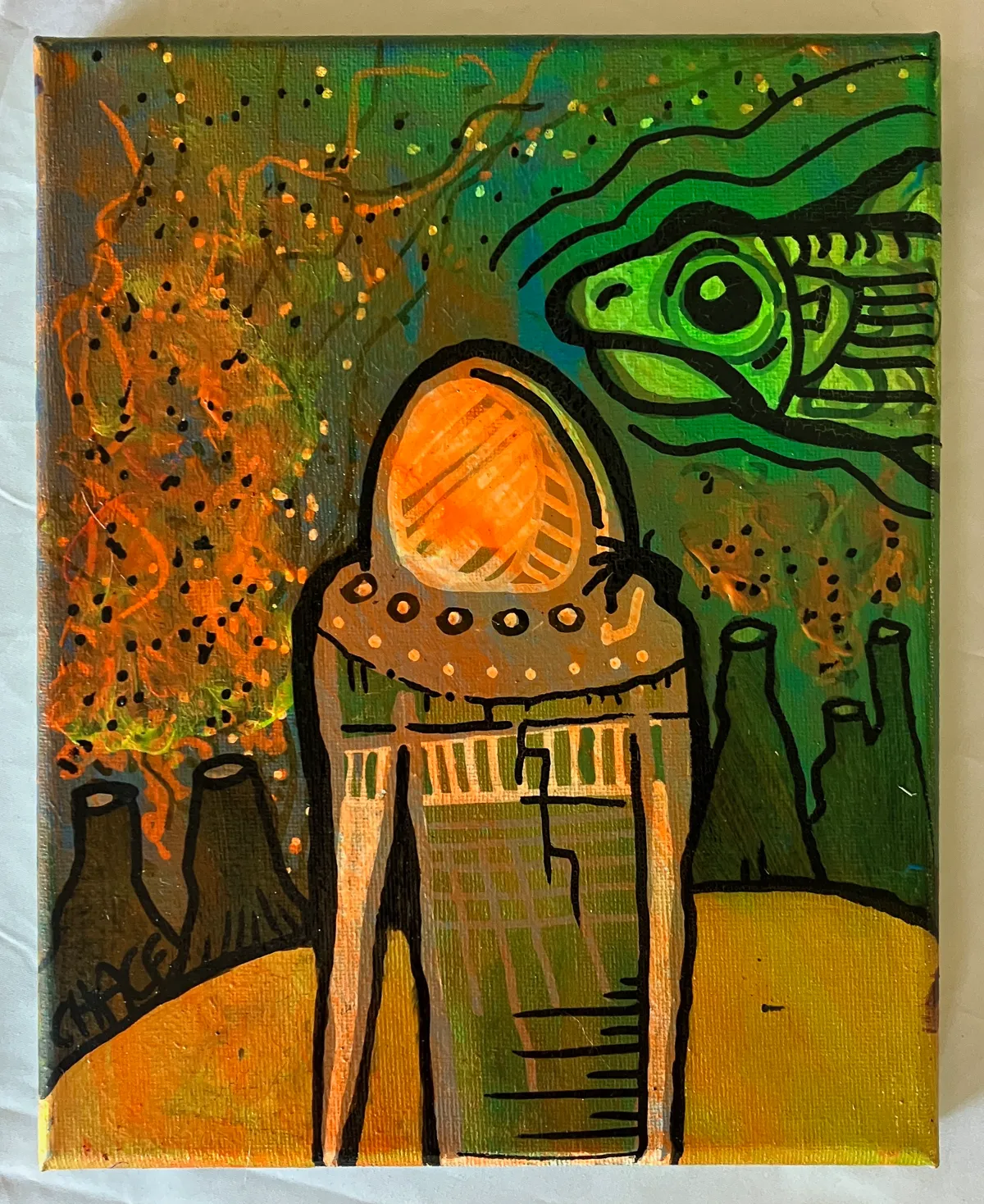 Cracked: a tall dark figure with an orange head standing on a yellow floor, orange scribbled light breaking behind it.