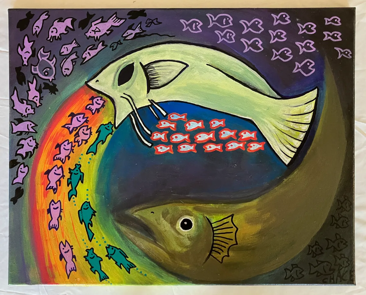 I KNEW IT!: a large pale fish curving through a rainbow arc, trailed by a stream of small purple and green fish.