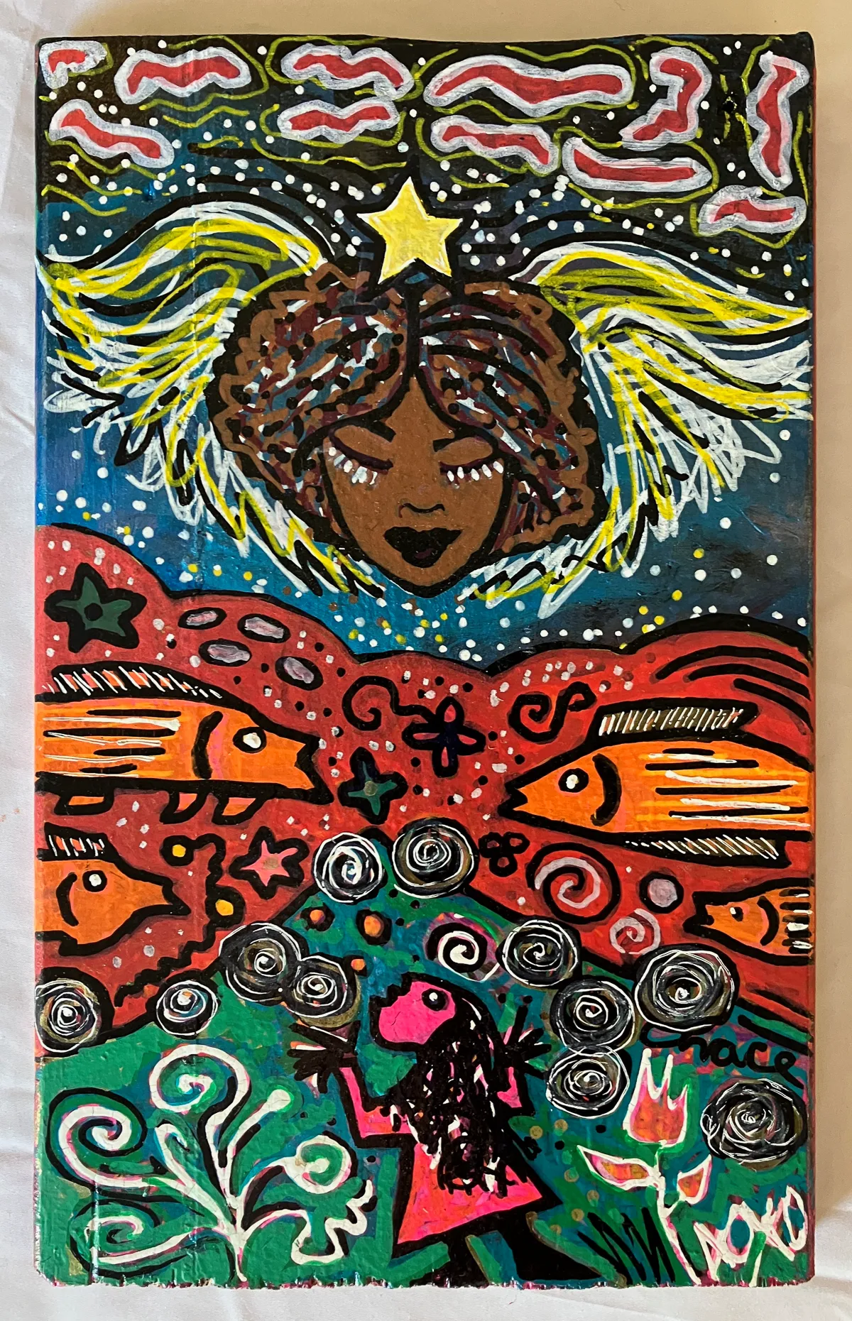 Impressions: a dark-skinned figure with pale wings and a star overhead, above bands of red and teal filled with fish and flowers.