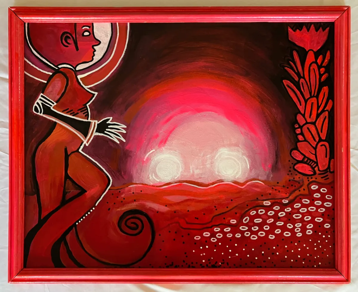 Incoming: a red figure at the left edge of a red room watching a pale glowing dome rise out of the water, in a red frame.