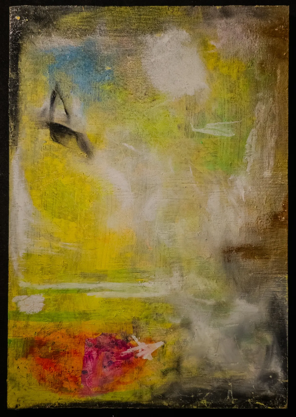 Medicate: a pale abstract field of yellow and white washes over a dark ground, a red and magenta bloom low on the left.