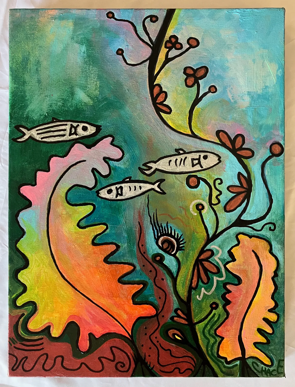 Sardines #1: three small fish threading through orange and green kelp fronds against a pale blue ground.