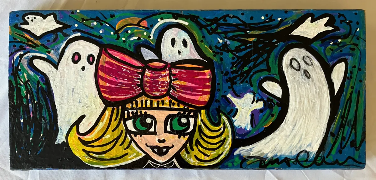 Surprise Guest: a long horizontal panel with a blonde girl in a pink bow flanked by two white ghosts on deep blue.